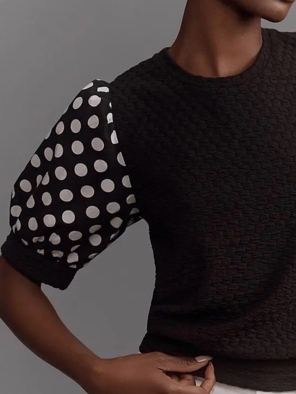 NEW Anthropologie Porridge Puff-Sleeve Polka Dot Black Knit Top - Picture 3 of 12